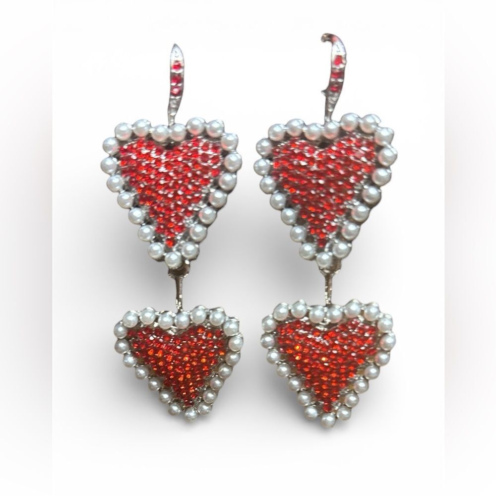 Elegant Red Rhinestones Heart Dangle  Earrings with Pearl Accents